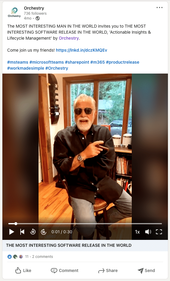 orchestry linkedin post of celebrity endorsement with cameo