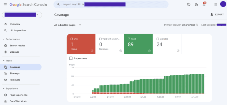 indexed page coverage on google search console