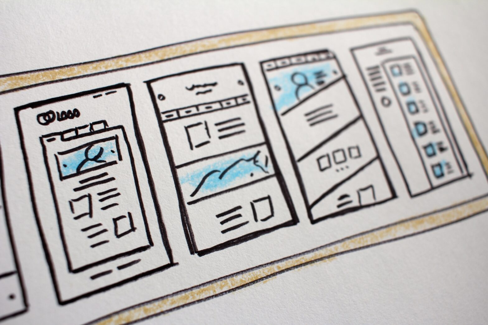 Sketch shows different pages on website for users to gather for watering hole marketing strategy