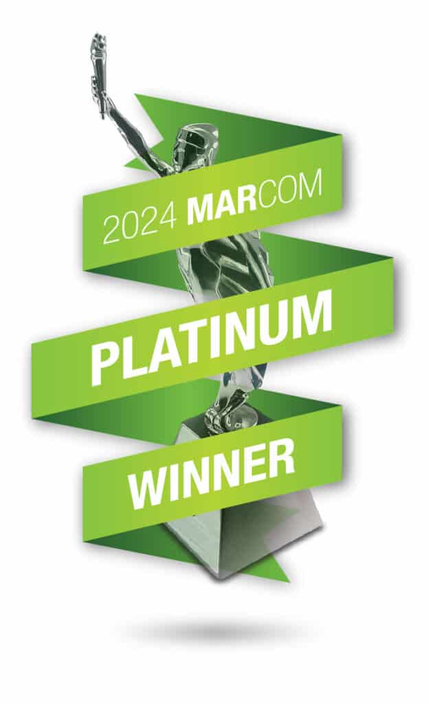 Award plaque for Maven Collective Marketing’s 2024 MarCom Platinum Award in the B2B Website category, recognizing their strategic rebranding work for Klarinet Solutions.