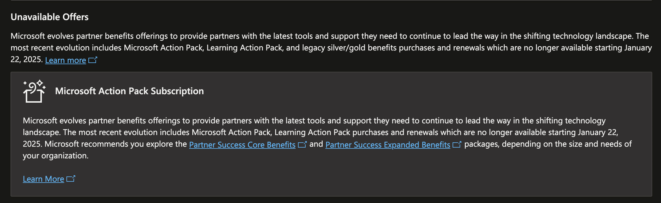 Screenshot of the Microsoft dashboard displaying unavailable offer for Microsoft Action Pack Subscription