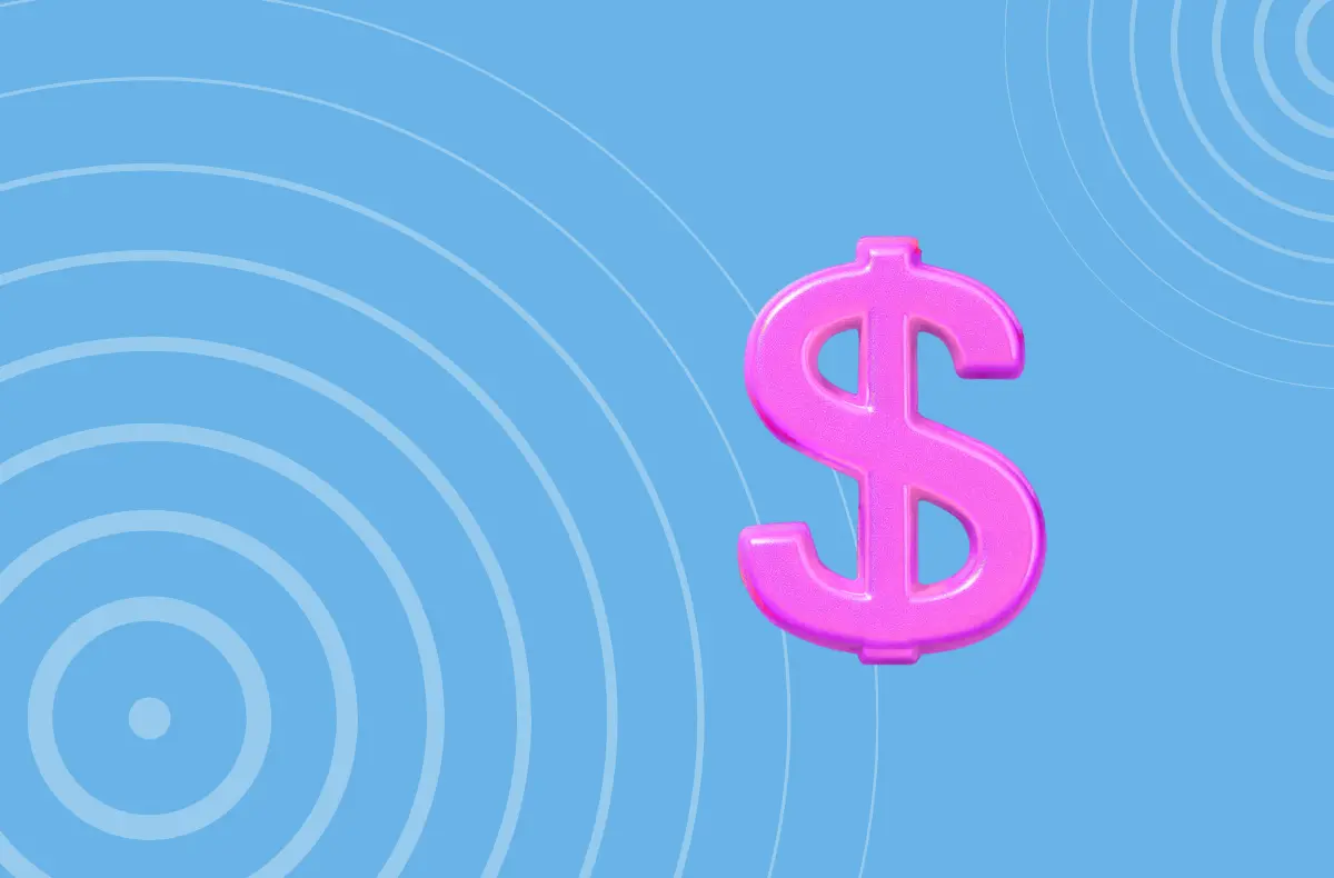 Pink dollar sign on a blue background with concentric circles, symbolizing financial growth and targeted advertising, for a paid media audit guide aimed at helping Microsoft Partners increase ROI.