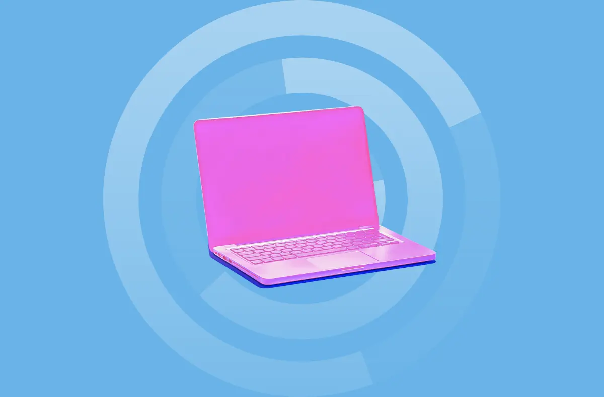 Pink laptop on a blue background with concentric segmented circles