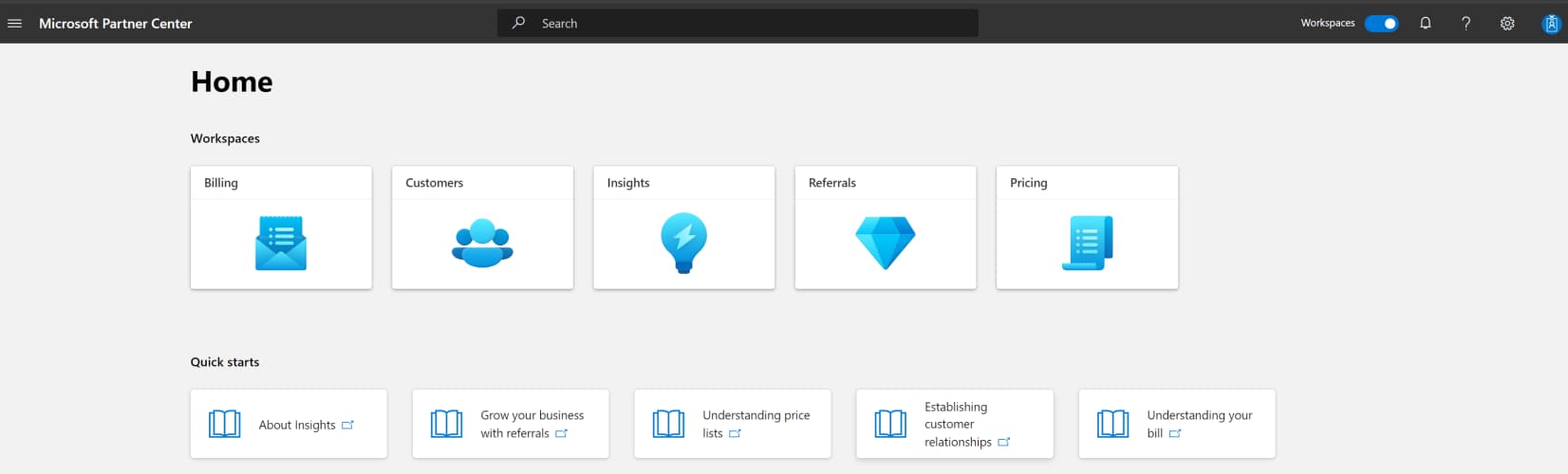 Microsoft Partner Centre dashboard