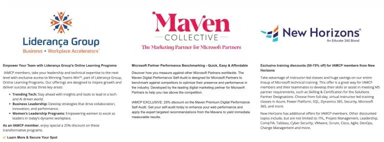 IAMCP partner perks: Liderança training, Maven Collective Marketing, New Horizons discounts.