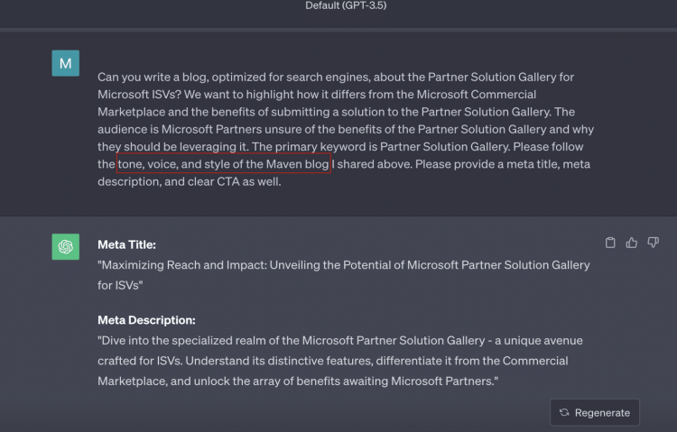 screenshot of prompting ai for long-form content
